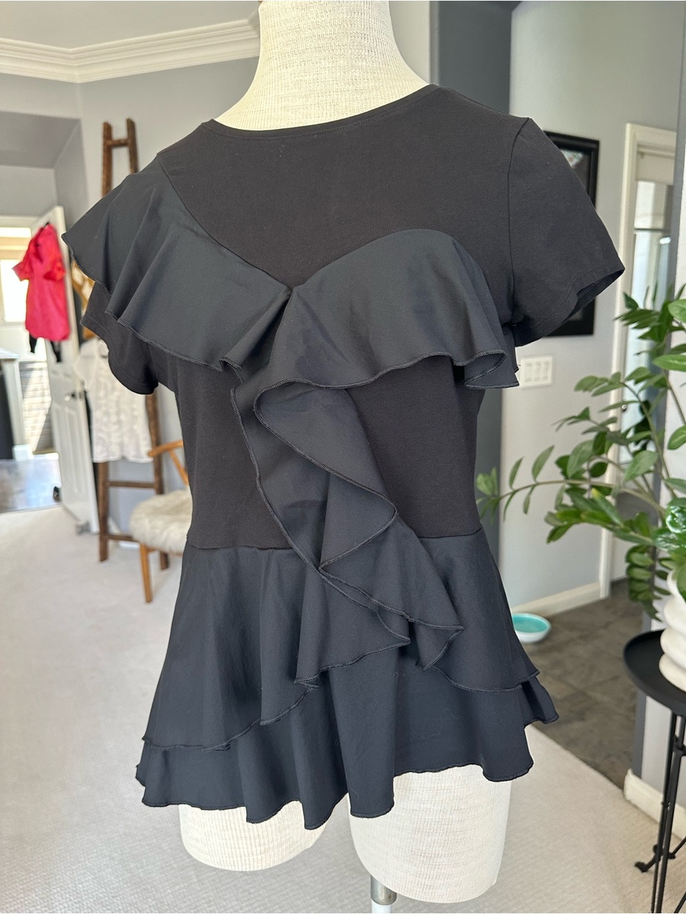 White House Black Market Black Ruffle Peplum Short-Sleeve Top, size medium - Picture 6 of 14
